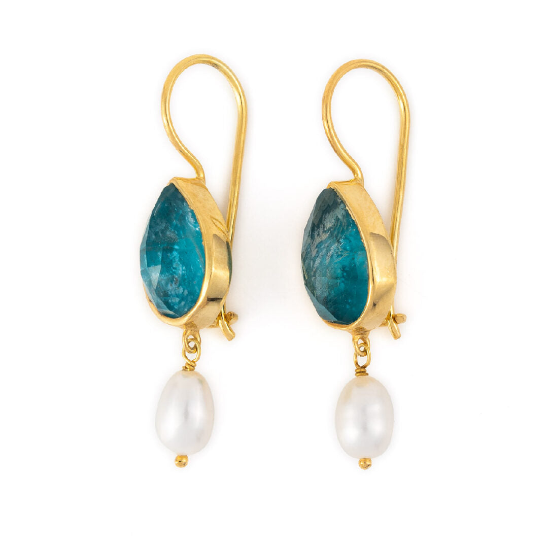 Sterling Silver Gold Plated Apatite Doublet Dangle Earrings with Pearl