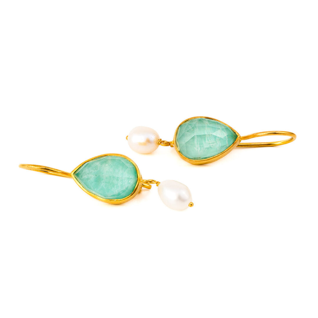 Sterling Silver Gold Plated Amazonite Doublet Earrings with Pearl