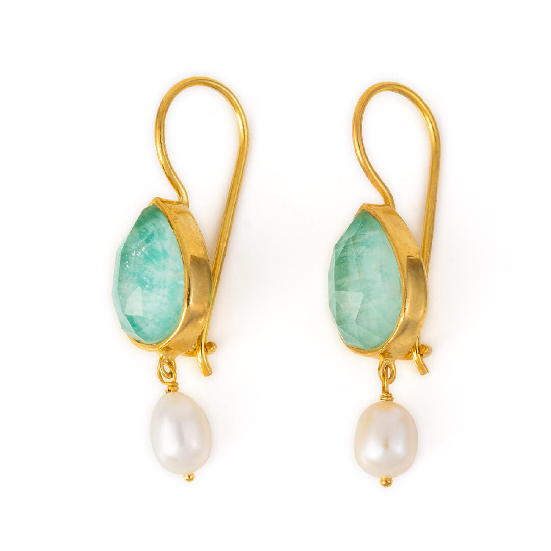 Sterling Silver Gold Plated Amazonite Doublet Earrings with Pearl