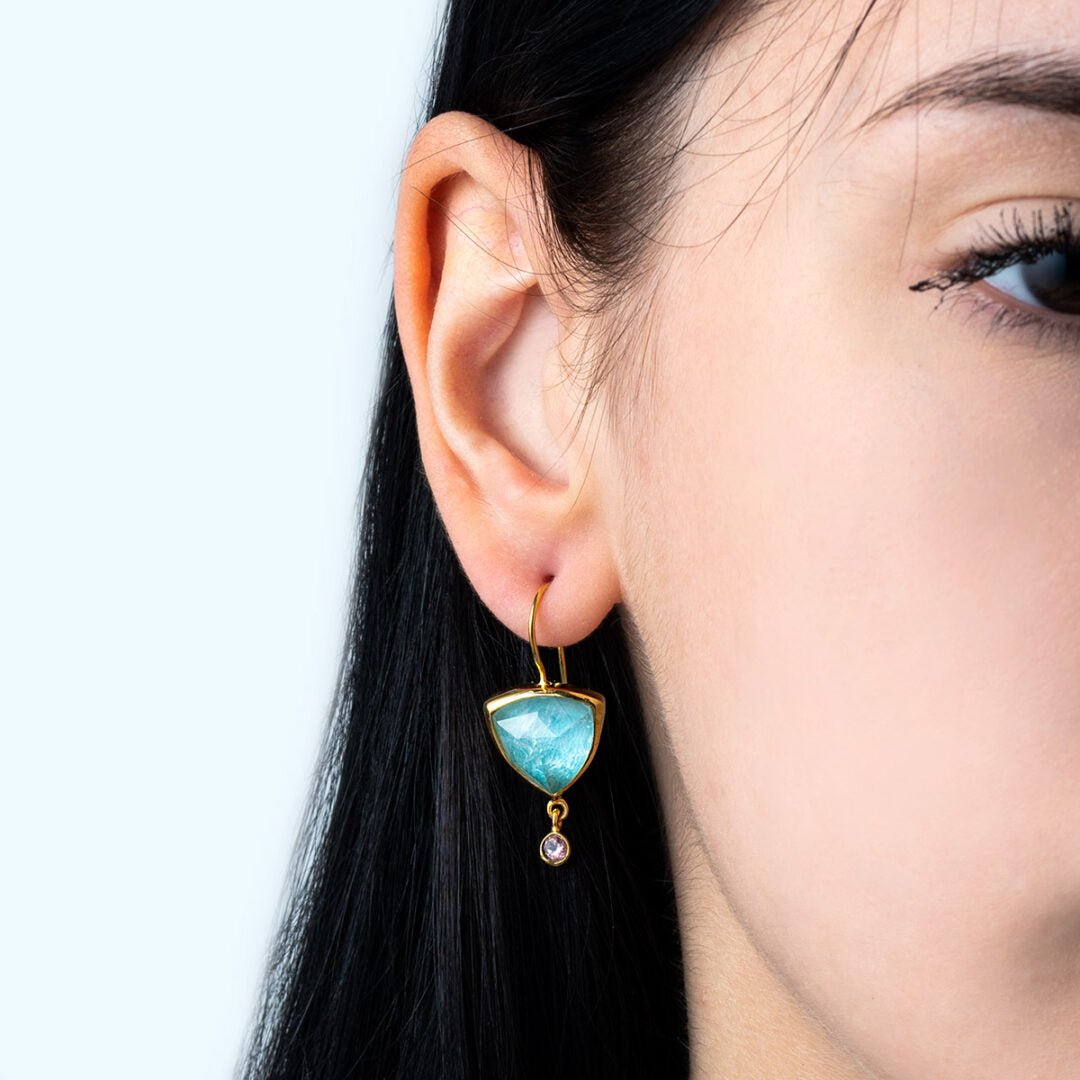 Amazonite and Tourmaline Earrings - 925 Sterling Silver and Gold Plated
