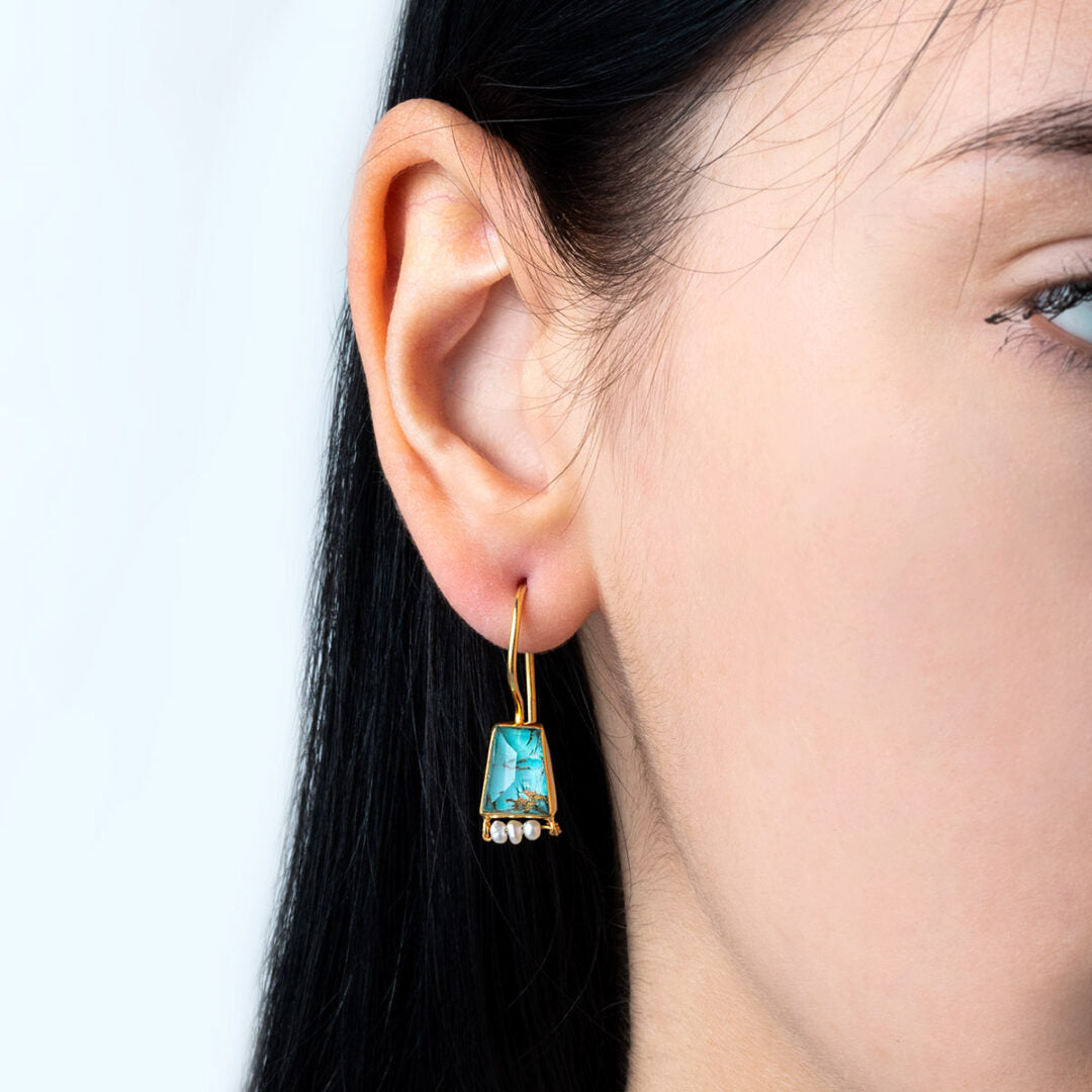 Turquoise copper and Pearl Earrings - 925 Sterling Silver and Gold Plated