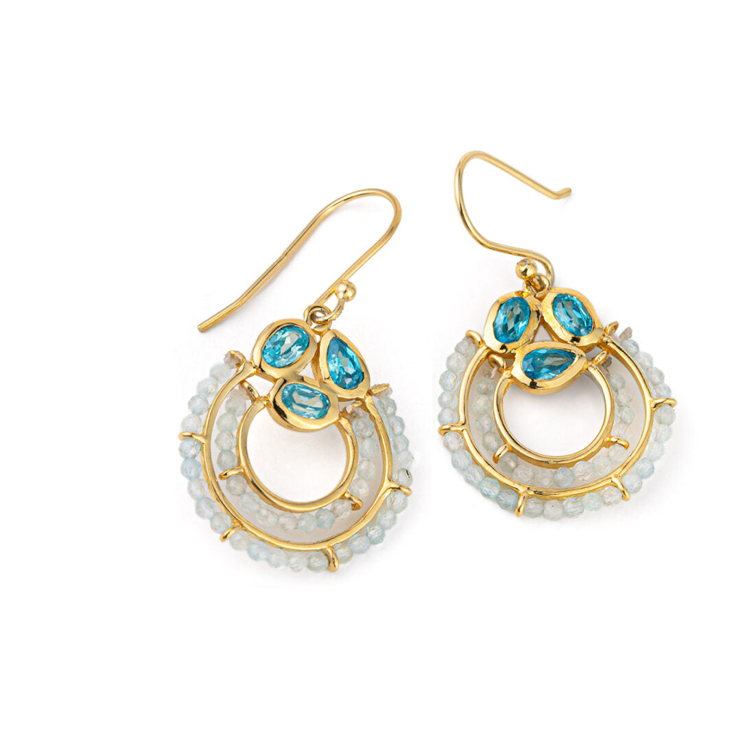 Blue Topaz n Aquamarine Hook Earrings - 925 Sterling Silver