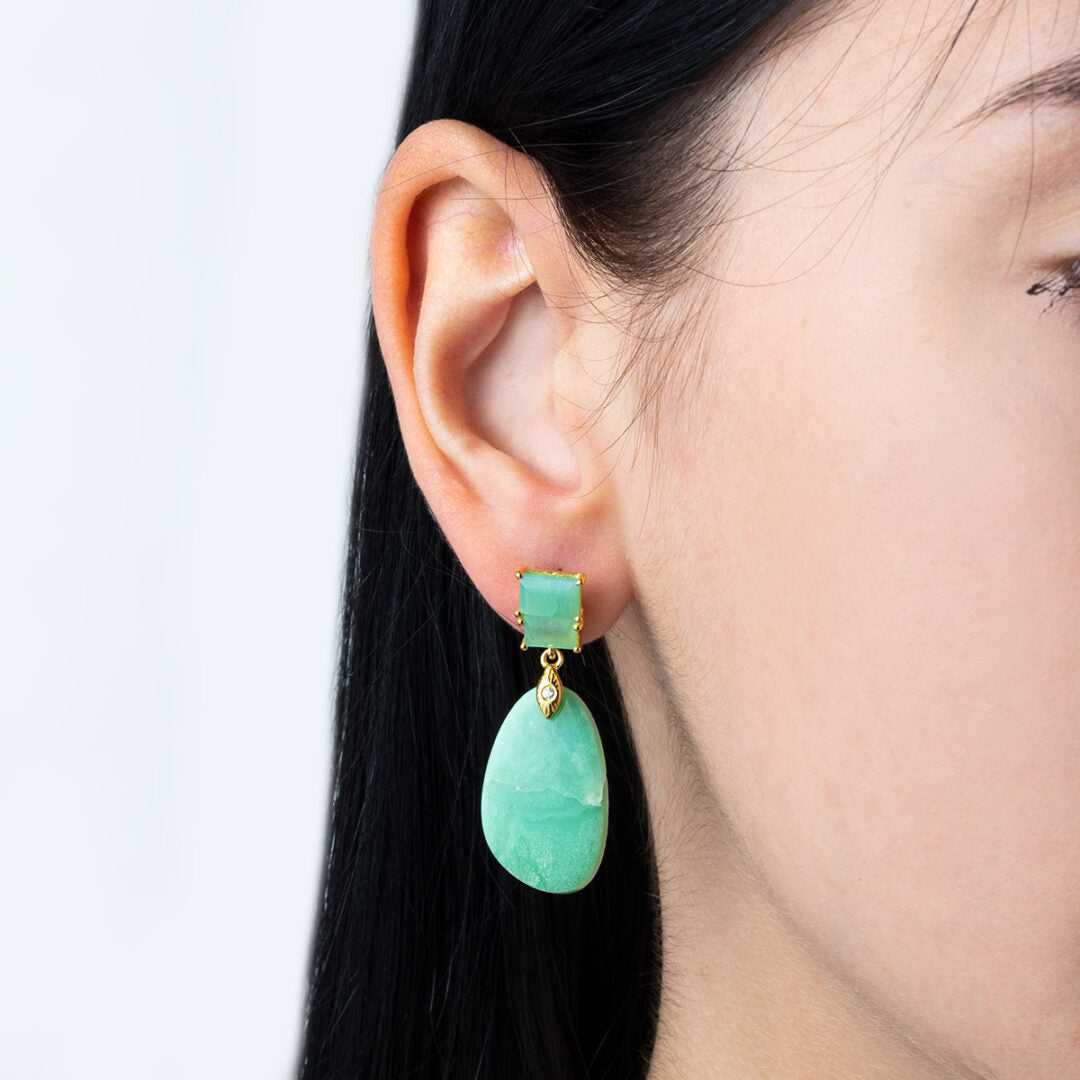 Chrysoprase Dangle Earrings - 925 Sterling Silver and Gold Plated