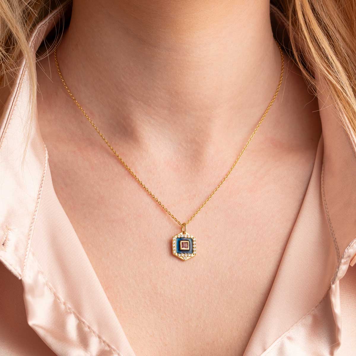 Square Tourmaline Necklace in 925 Sterling Silver Gold Plated