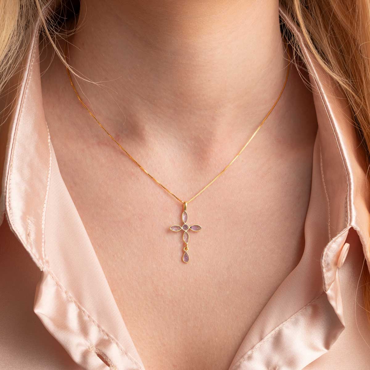 Cross Gemstone Necklace in 925 Sterling Silver Gold Plated