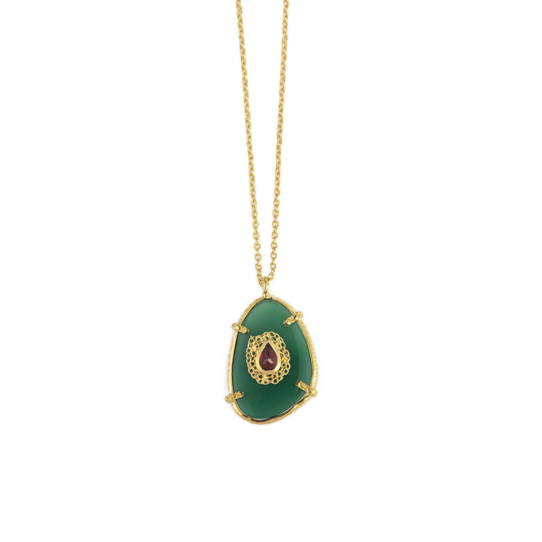 Κολιέ με Πράσινο Όνυχα - Επιχρυσωμένο Ασήμι 925