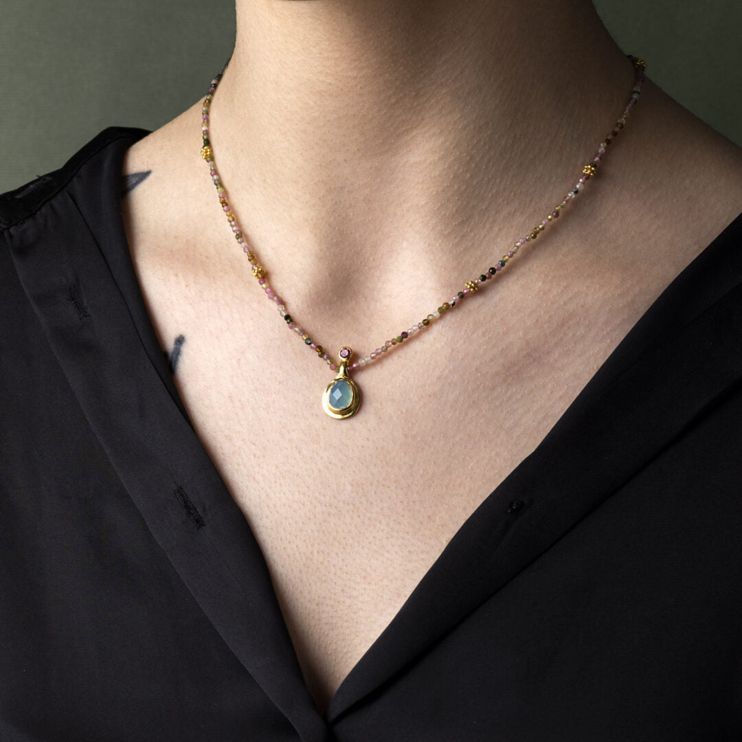 Aqua Chalcedony and Tourmaline Necklace - 925 Sterling Silver and Gold Plated