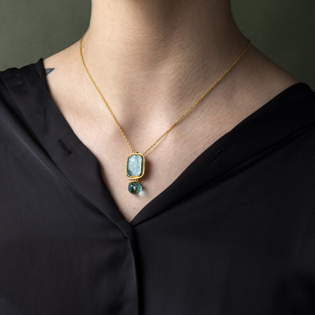 925 Sterling Silver and Gold Plated Necklace with Blue Glass Engaving