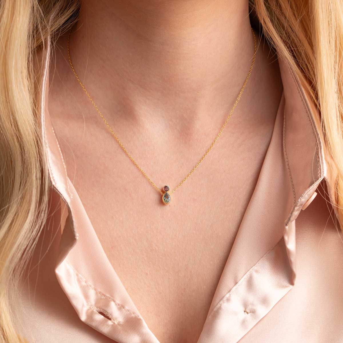 Gemstone Necklace in 925 Sterling Silver Gold Plated with Blue Topaz & Tourmaline
