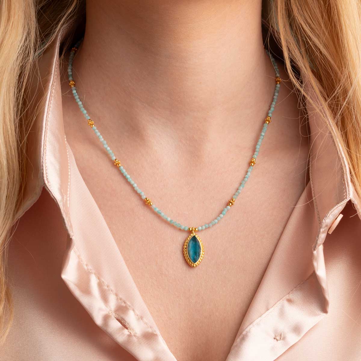 Amazonite Beads Necklace in 925 Sterling Silver Gold Plated with Apatite