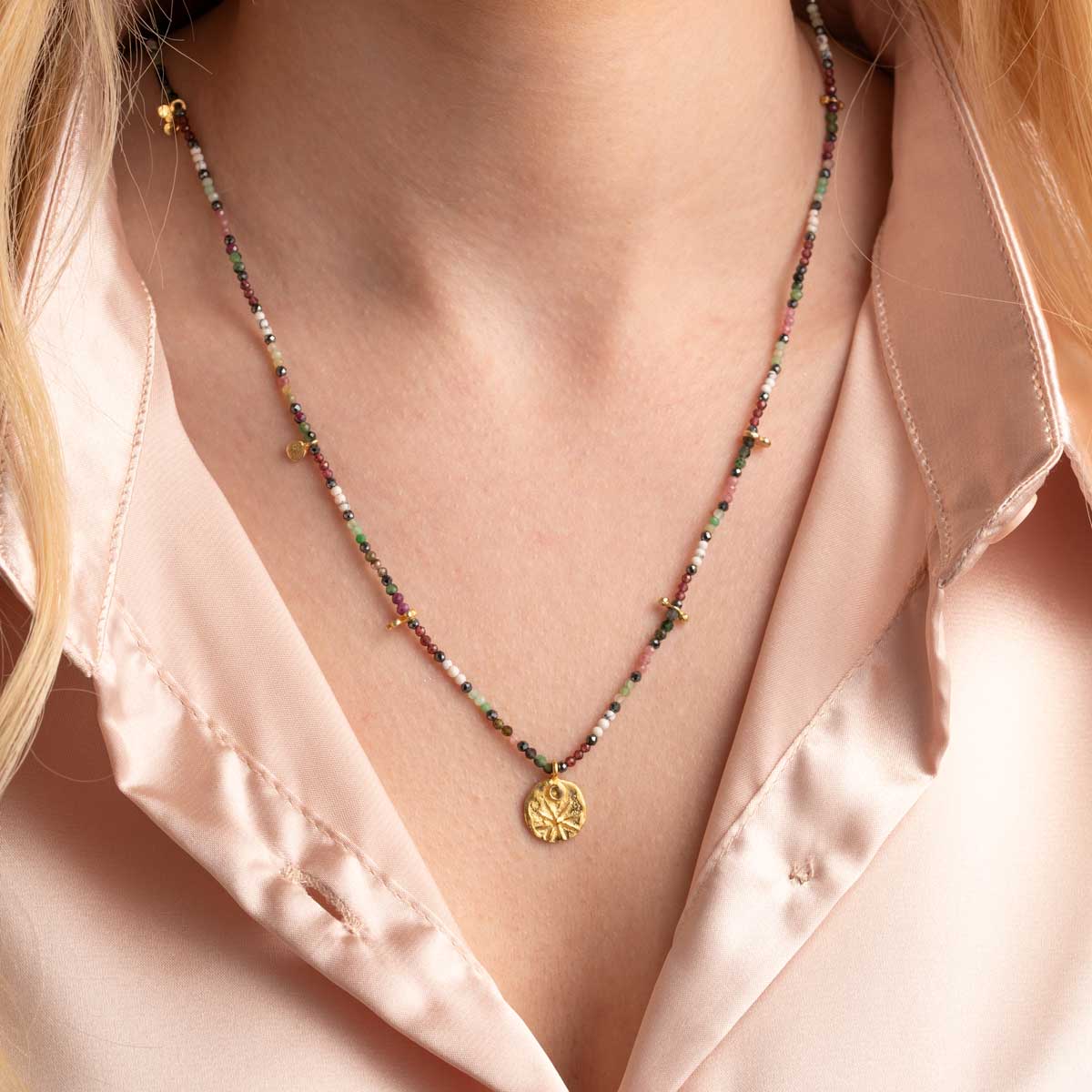 Tourmaline Beads Necklace with Pendant in 925 Sterling Silver Gold Plated