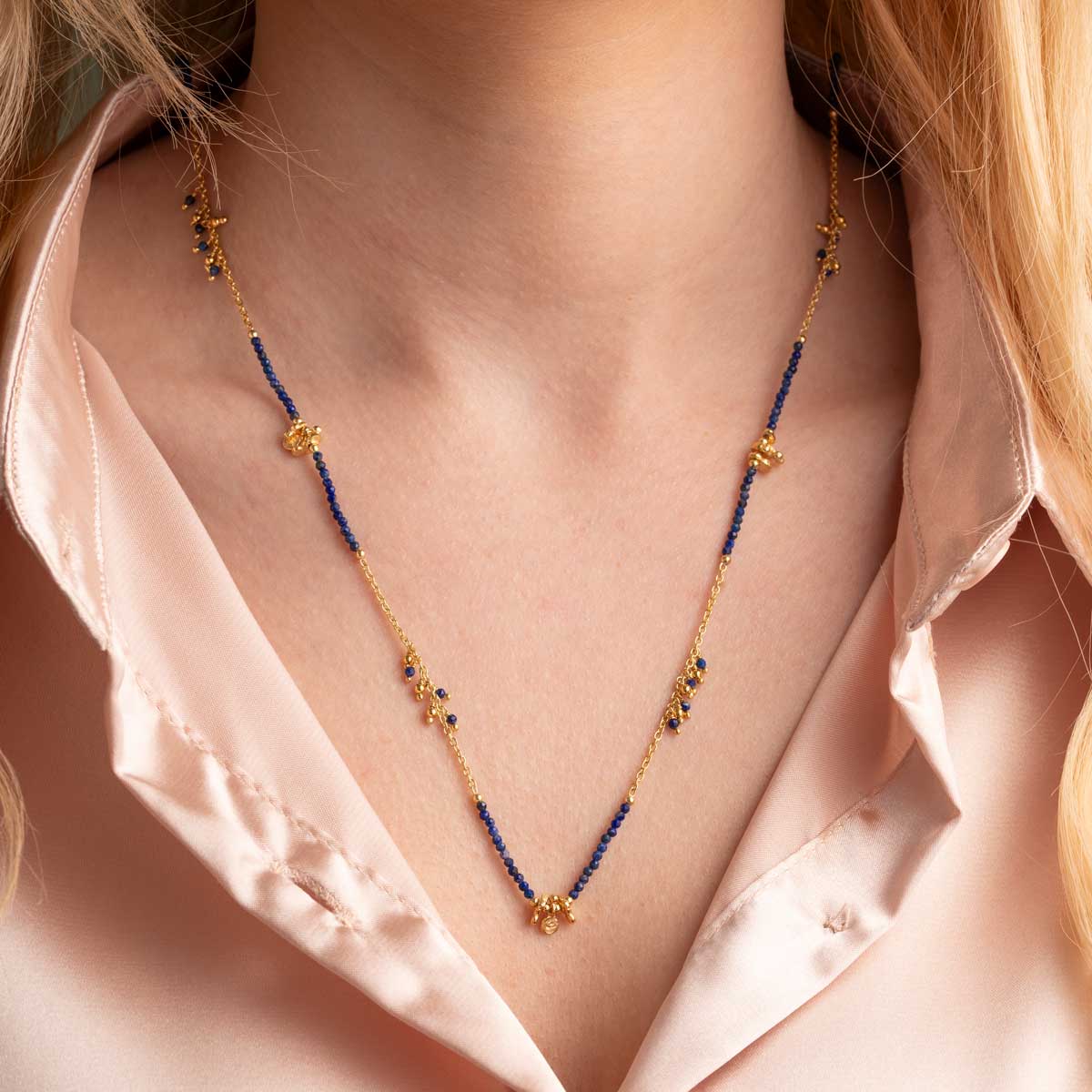 Lapis Beads Necklace in 925 Sterling Silver Gold Plated