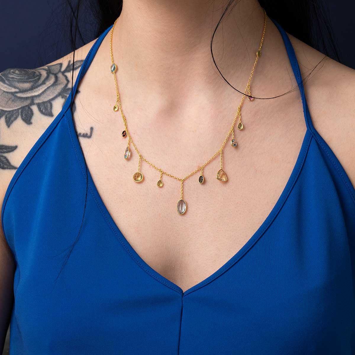 Blue Topaz and Tourmaline Necklace - 925 Sterling Silver and Gold Plated