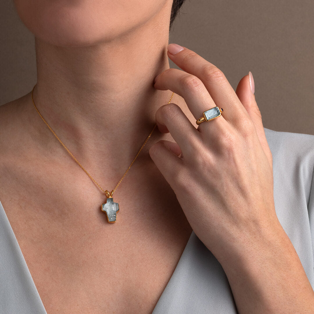 Blue topaz Cross Necklace - 925 Sterling Silver and Gold Plated