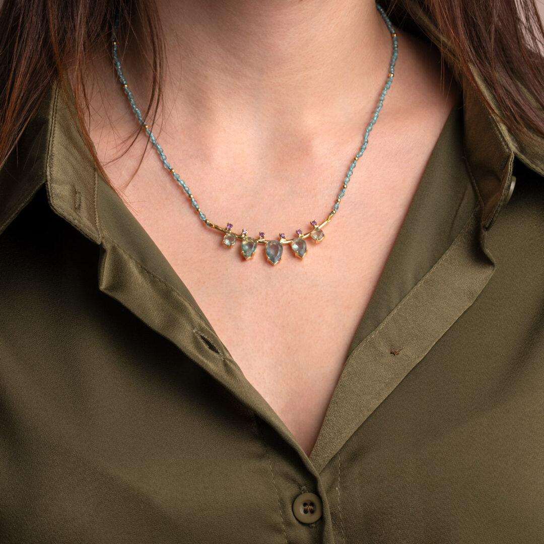 Apatite and Amethyst Necklace in 925 Silver Gold Plated