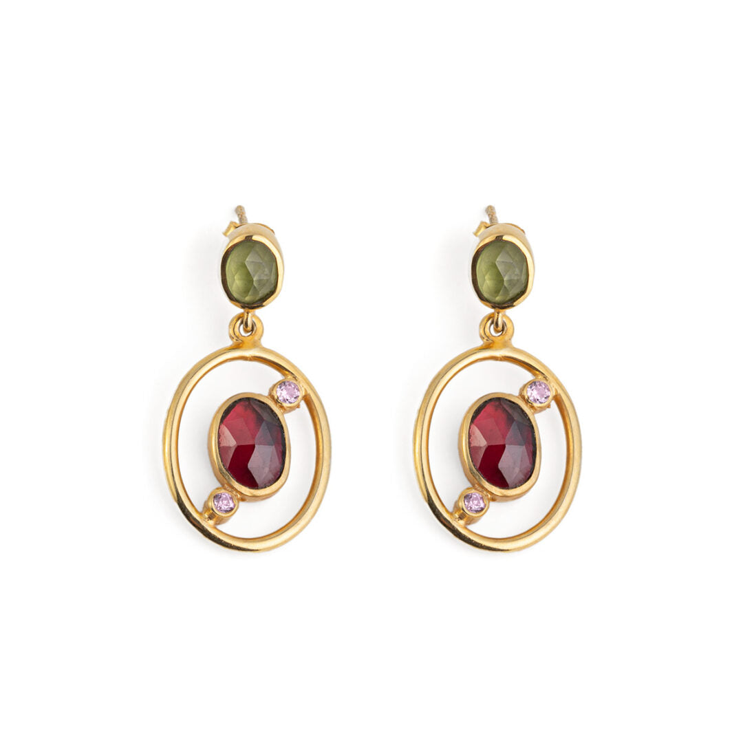 Peridot and Garnet Circle Earrings with Zircon