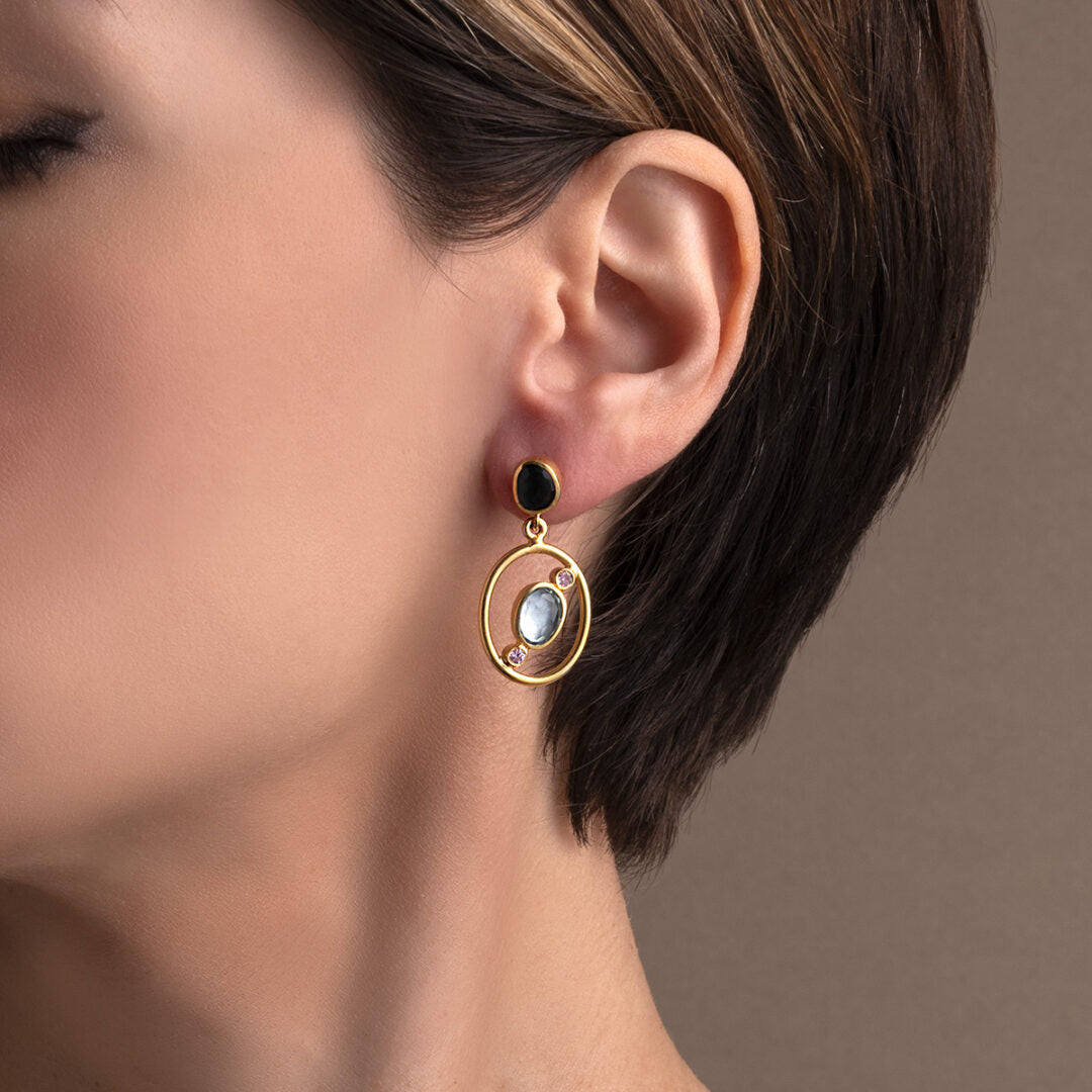 Peridot and Garnet Circle Earrings with Zircon - 925 Sterling Silver and Gold Plated