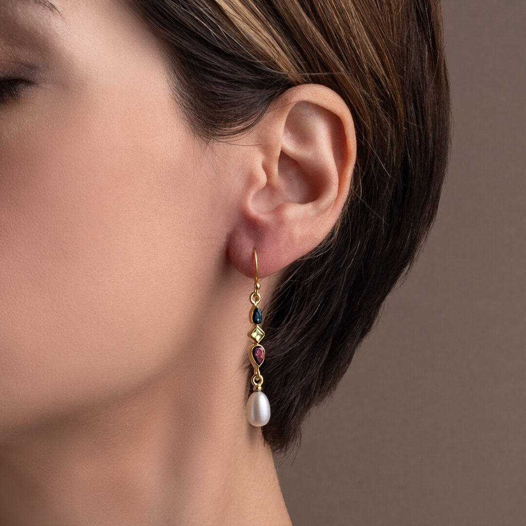 London Topaz and Peridot Dangle Earrings - 925 Sterling Silver and Gold Plated