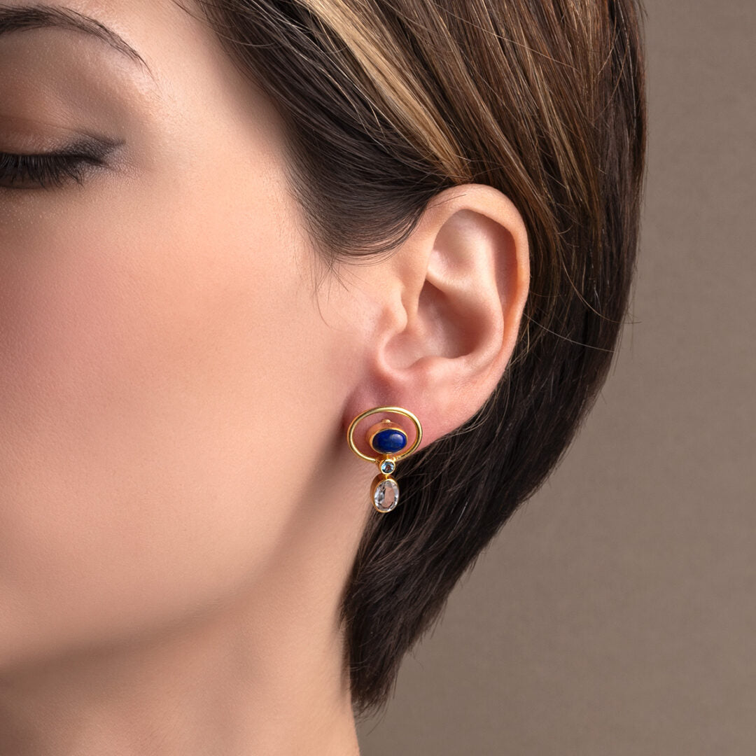 Lapis Circle Earrings with Zircon - 925 Sterling Silver and Gold Plated