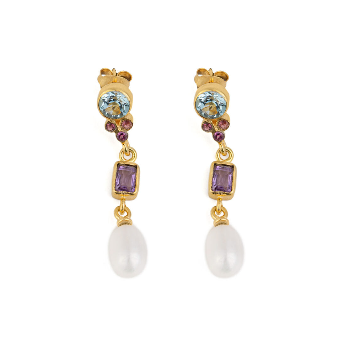 Blue Topaz Amethyst Pearl Drop Earrings