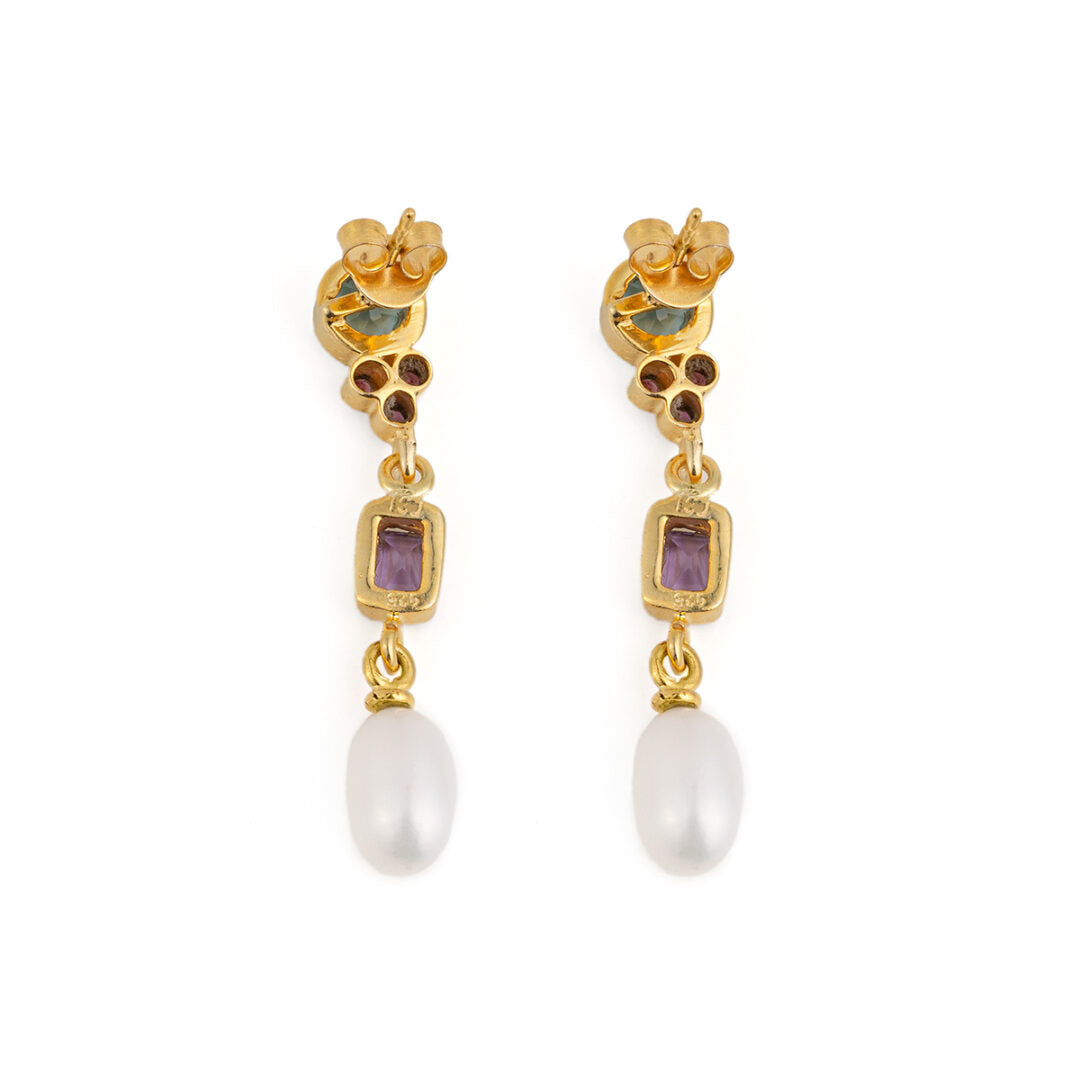 Blue Topaz Amethyst Pearl Dangle Earrings - 925 Sterling Silver and Gold Plated