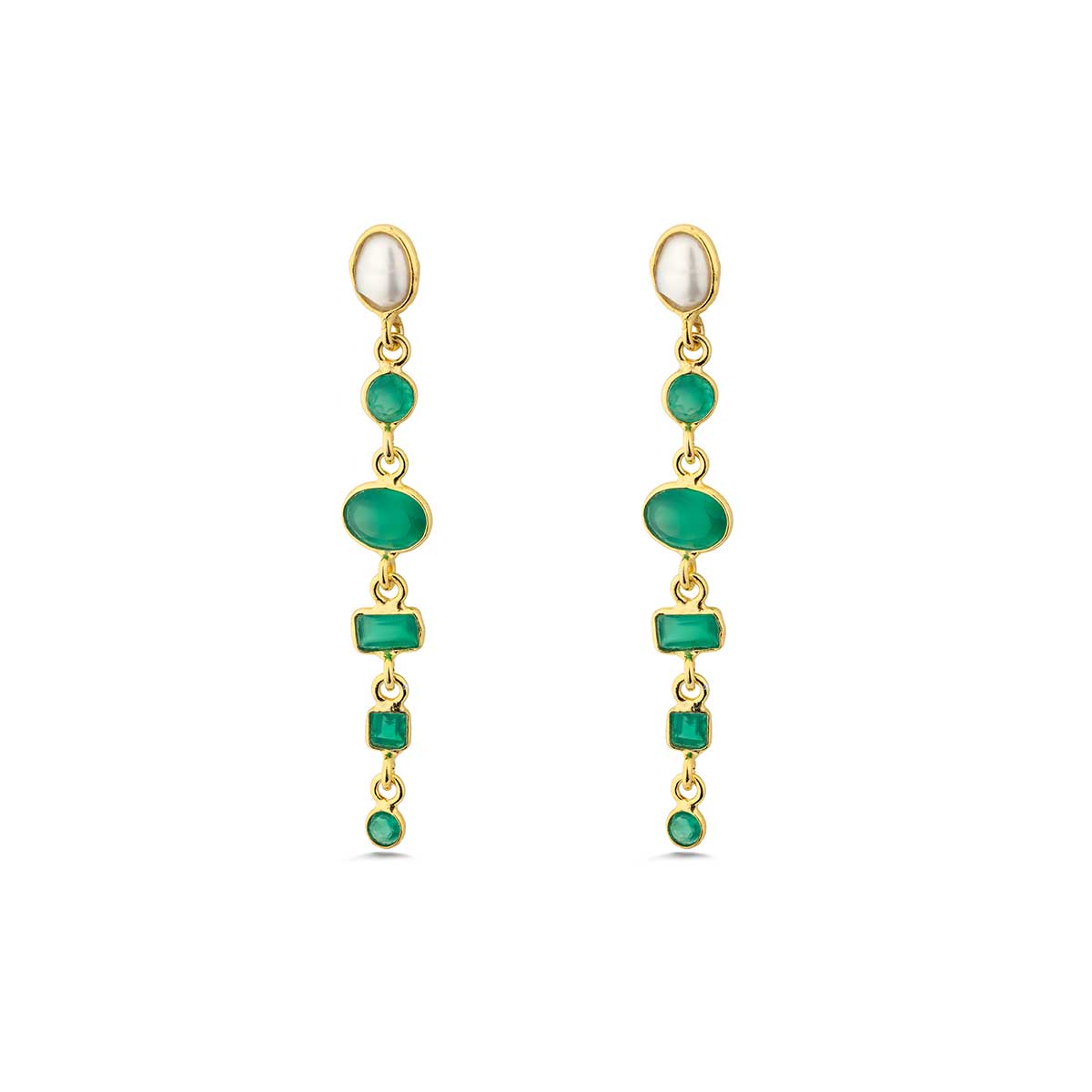 Pearl Blue Topaz & Green Onyx Dangle Earrings in Gold Plating