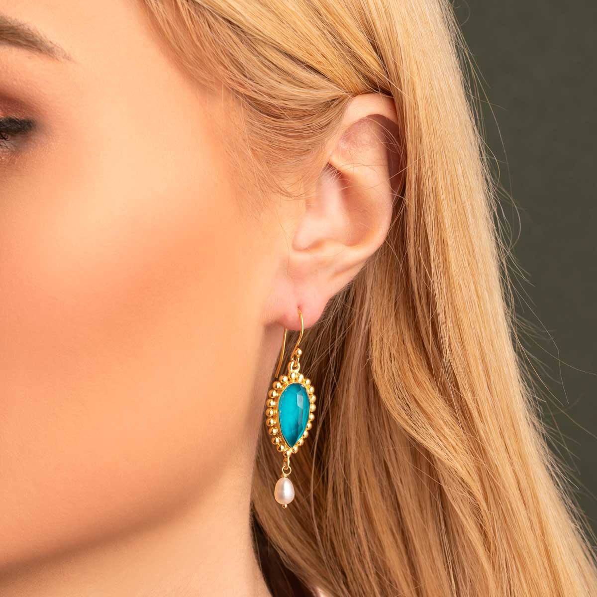 Green Copper & Pariba Dangle Earrings in 925 Sterling Silver & Gold Plating