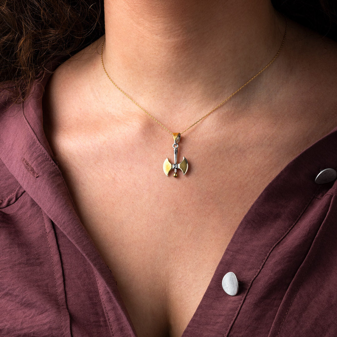 Minoan Double Axe Pendant - 14K Yellow Gold and Sterling Silver