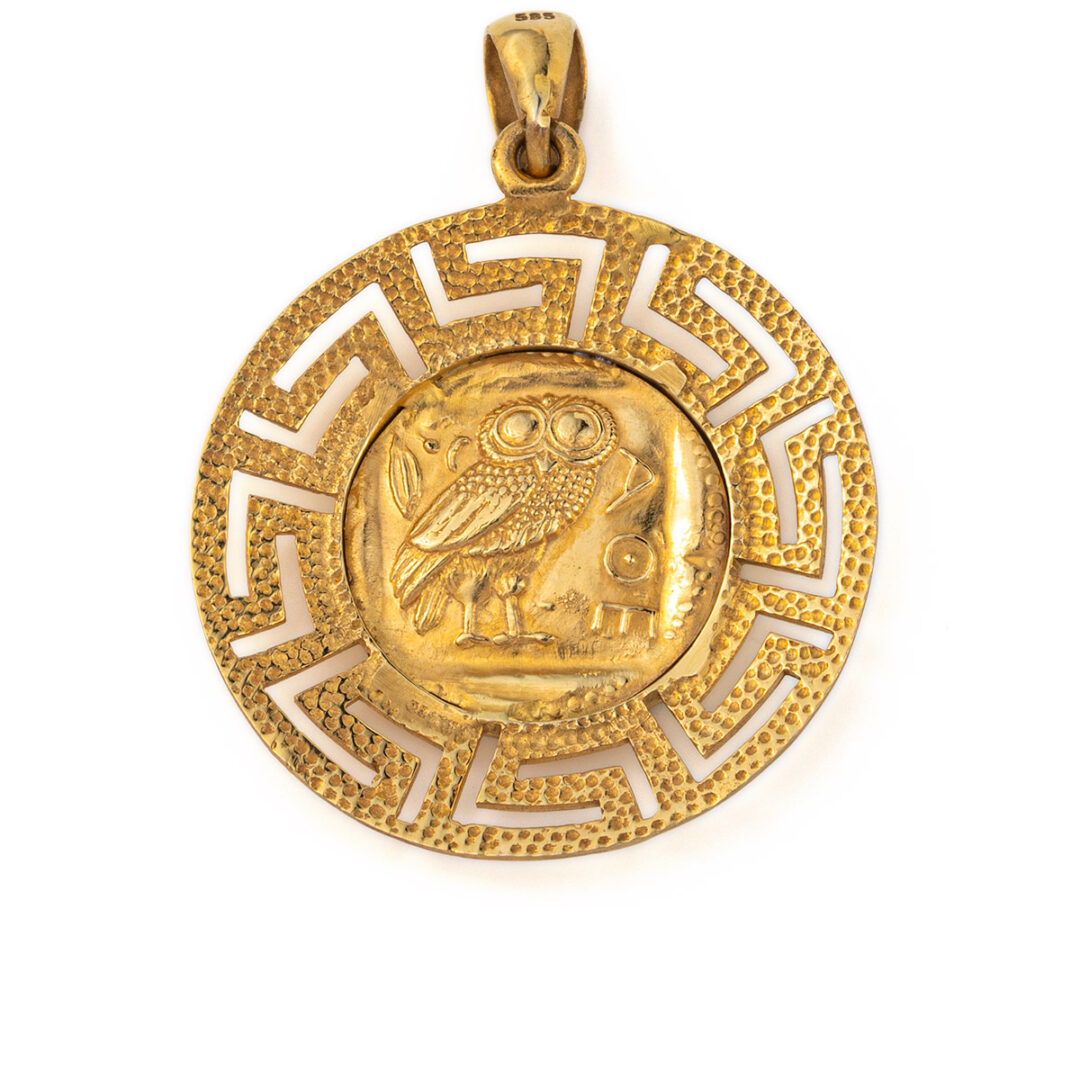 Goddess Athena and Owl Pendant - 14K Gold