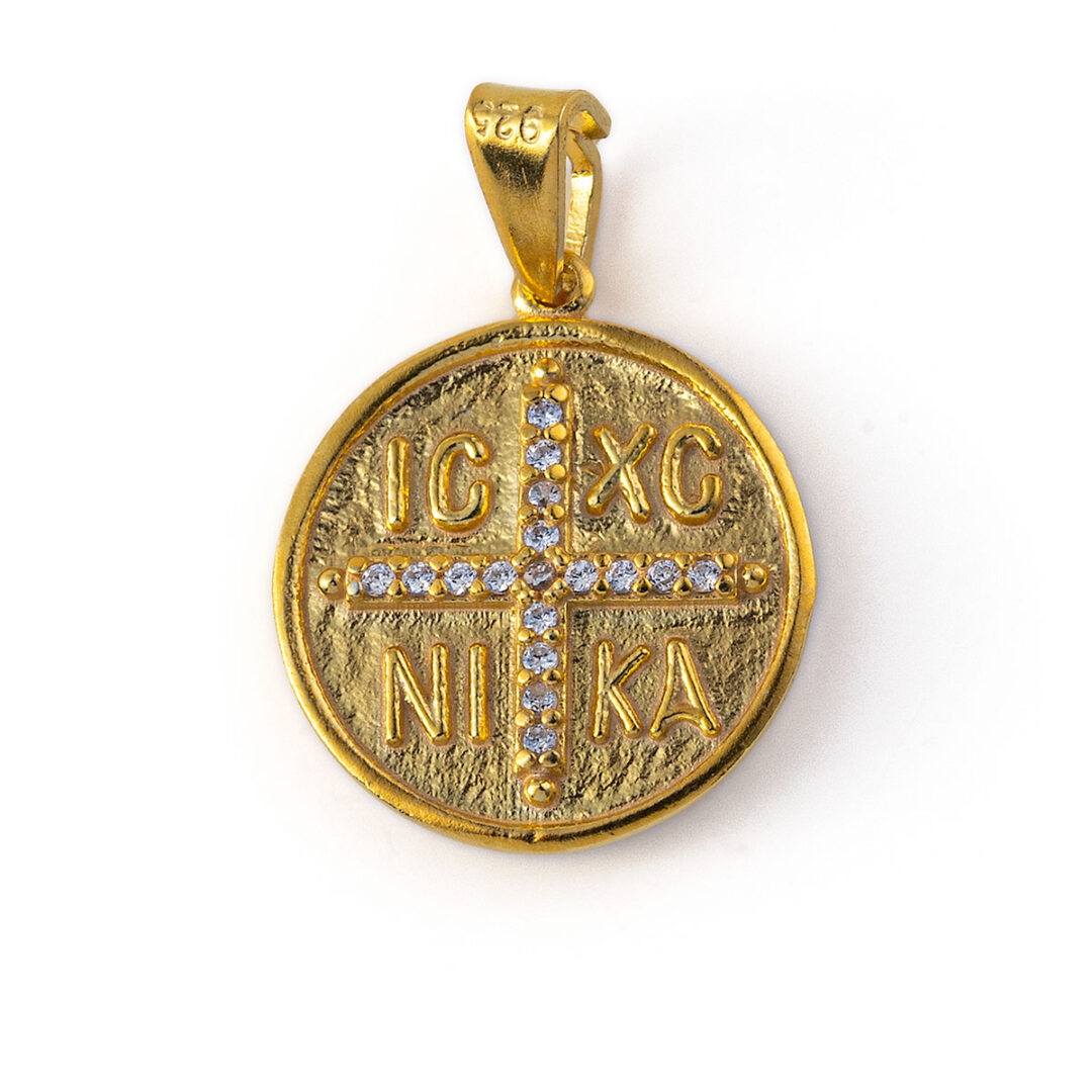 Constantinato Cross Pendant with White Zircon - Sterling Silver Gold Plated