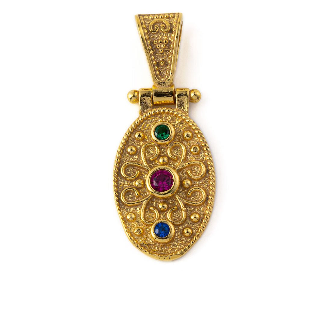 Byzantine Multicolor Oval Pendant - 925 Sterling Silver Gold Plated