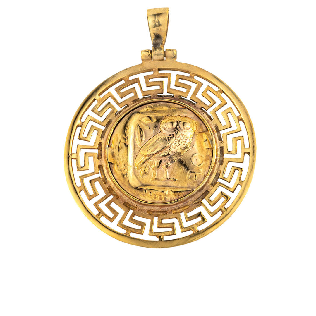 Goddess Athena and Wisdom Owl Pendant - 14K Gold