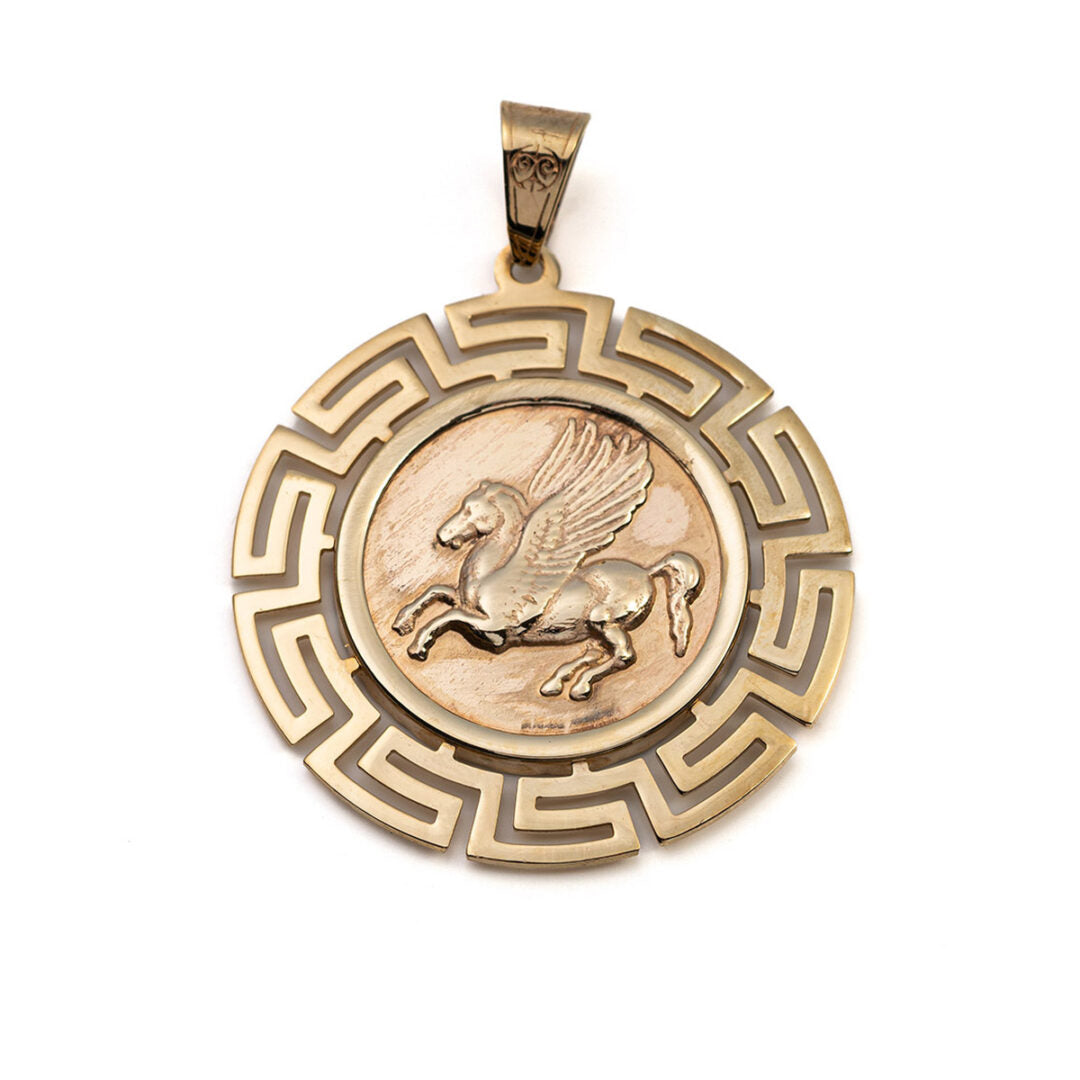 Pegasus Coin Pendant Meander Bezel 14K Gold