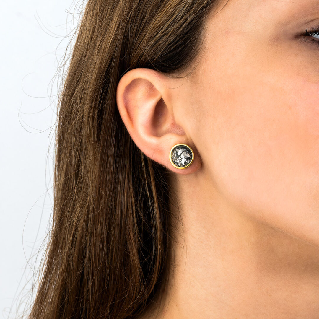 Ancient Greek Goddess Athena Coin Stud Earrings - Sterling Silver and Gold Plated
