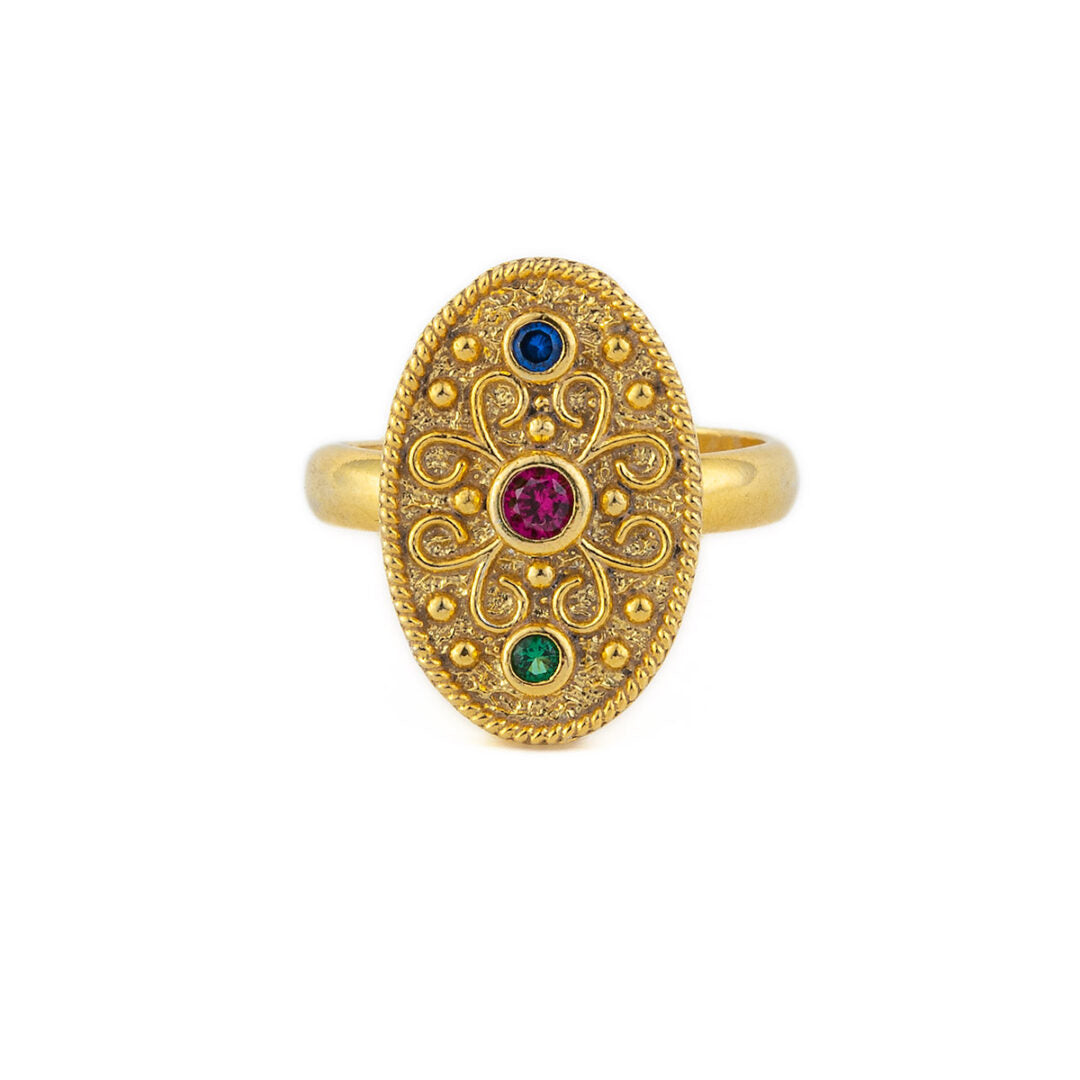 Byzantine Oval Multicolor Ring – 925 Sterling Silver and Gold Plated