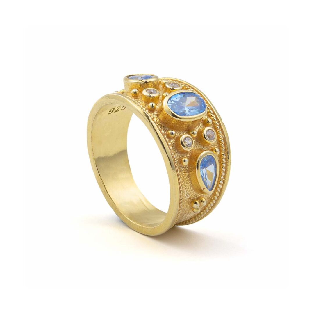 Byzantine Ring with Blue Stone - 925 Sterling Silver and 18K Gold Plating