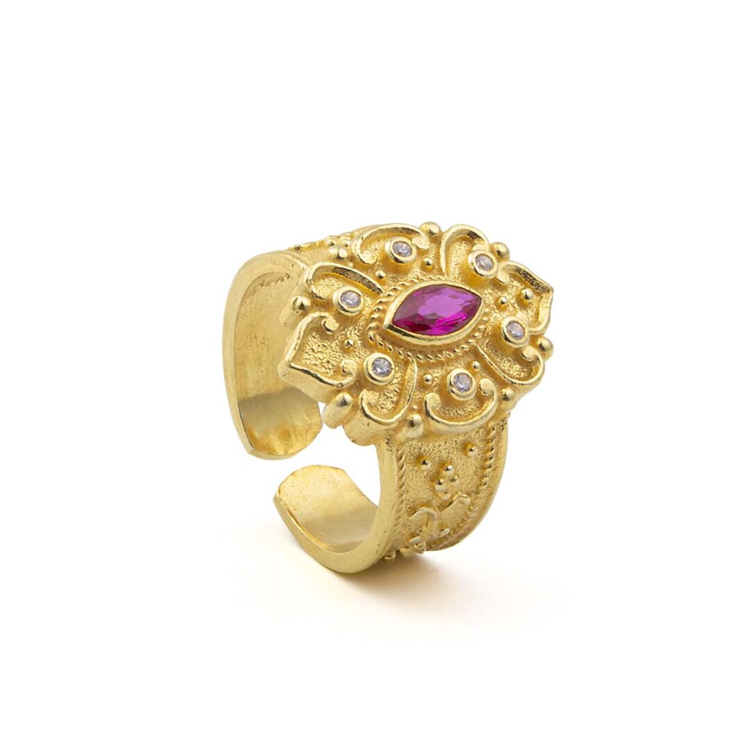 Byzantine Flower Ring with Zircon - Sterling Silver and 18K Gold Plating