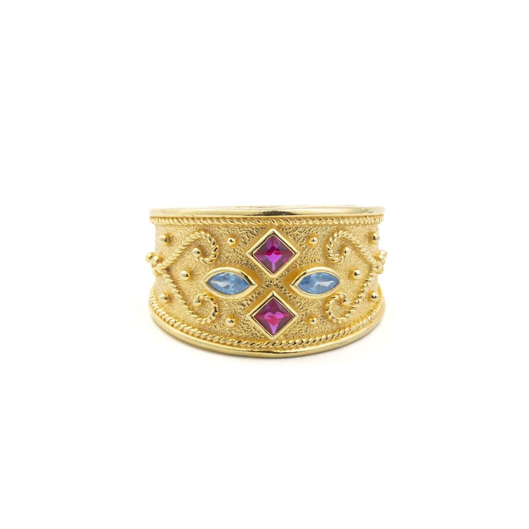 Byzantine Ring with Multicolor Zircon Stone - Sterling Silver and 18K Gold Plating