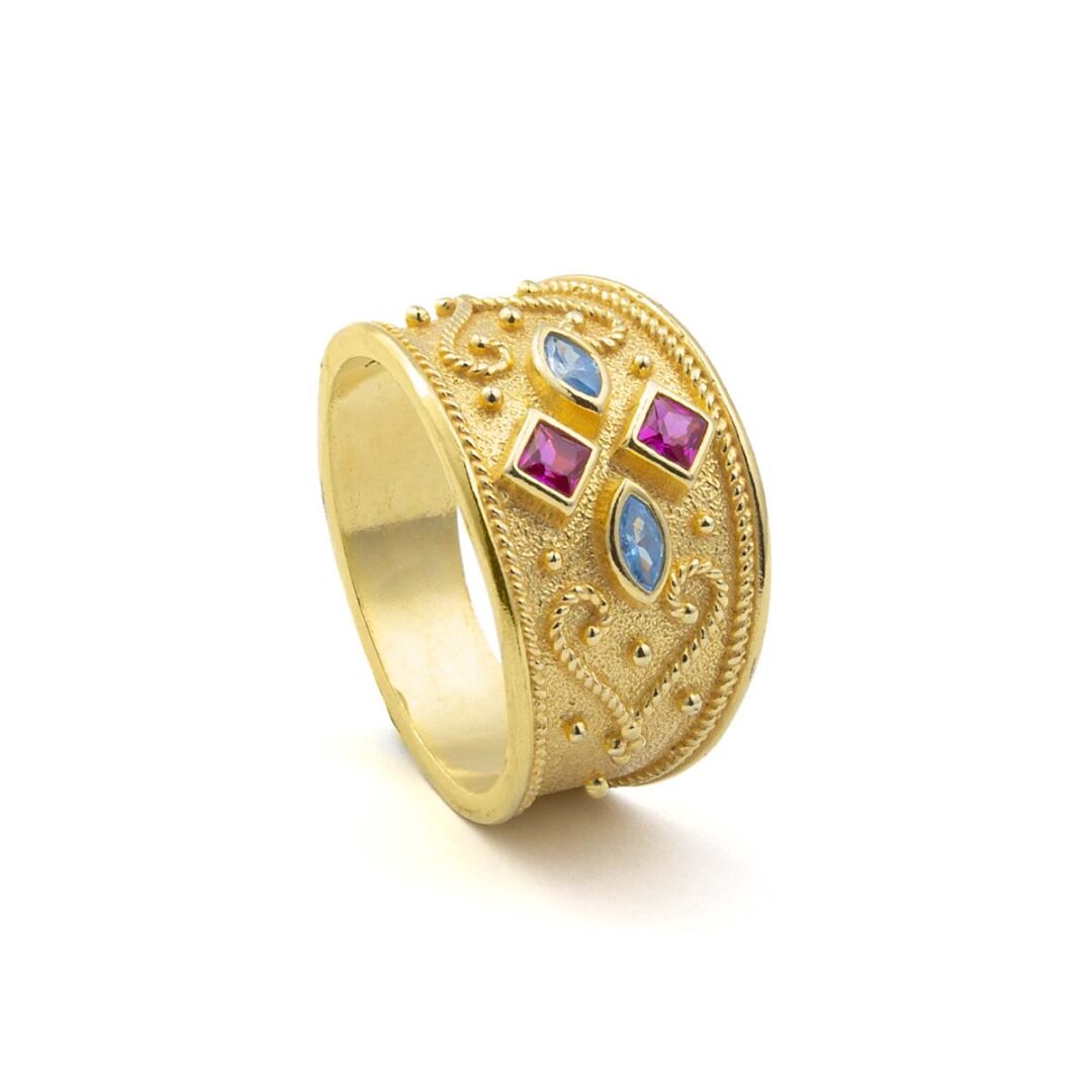 Byzantine Ring with Multicolor Zircon Stone - Sterling Silver and 18K Gold Plating