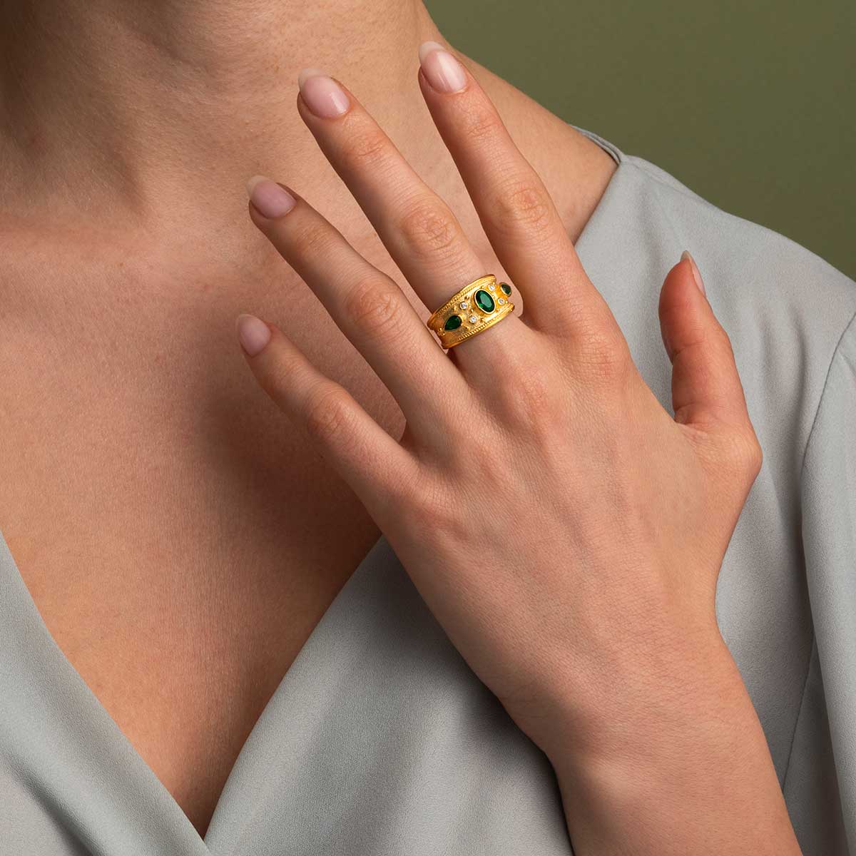 Byzantine Ring with Green Zircon - Sterling Silver and 18K Gold Plating