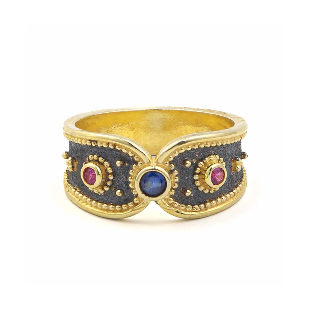 Two Tone Byzantine Ring with Zircon - Sterling Silver and 18K Gold Plating