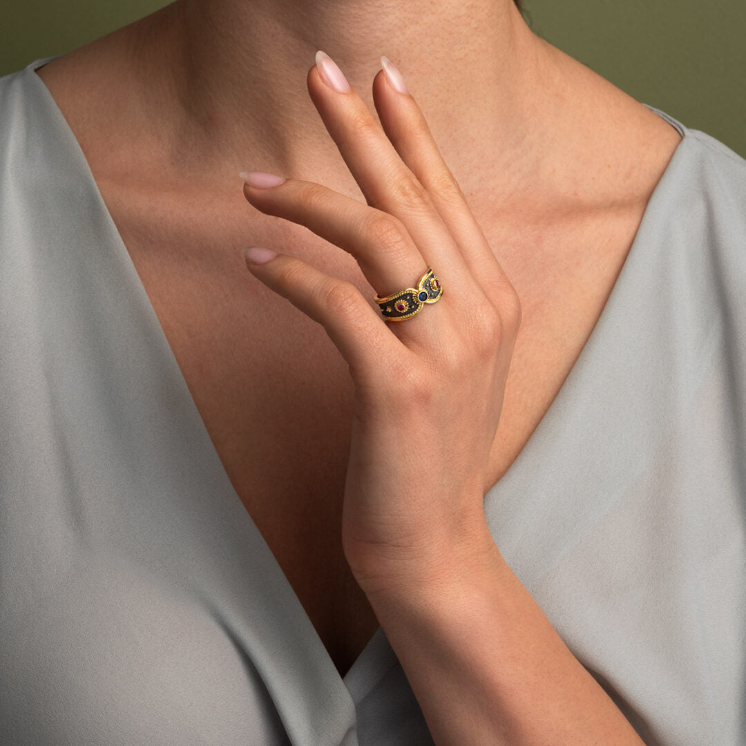 Two Tone Byzantine Ring with Zircon - Sterling Silver and 18K Gold Plating