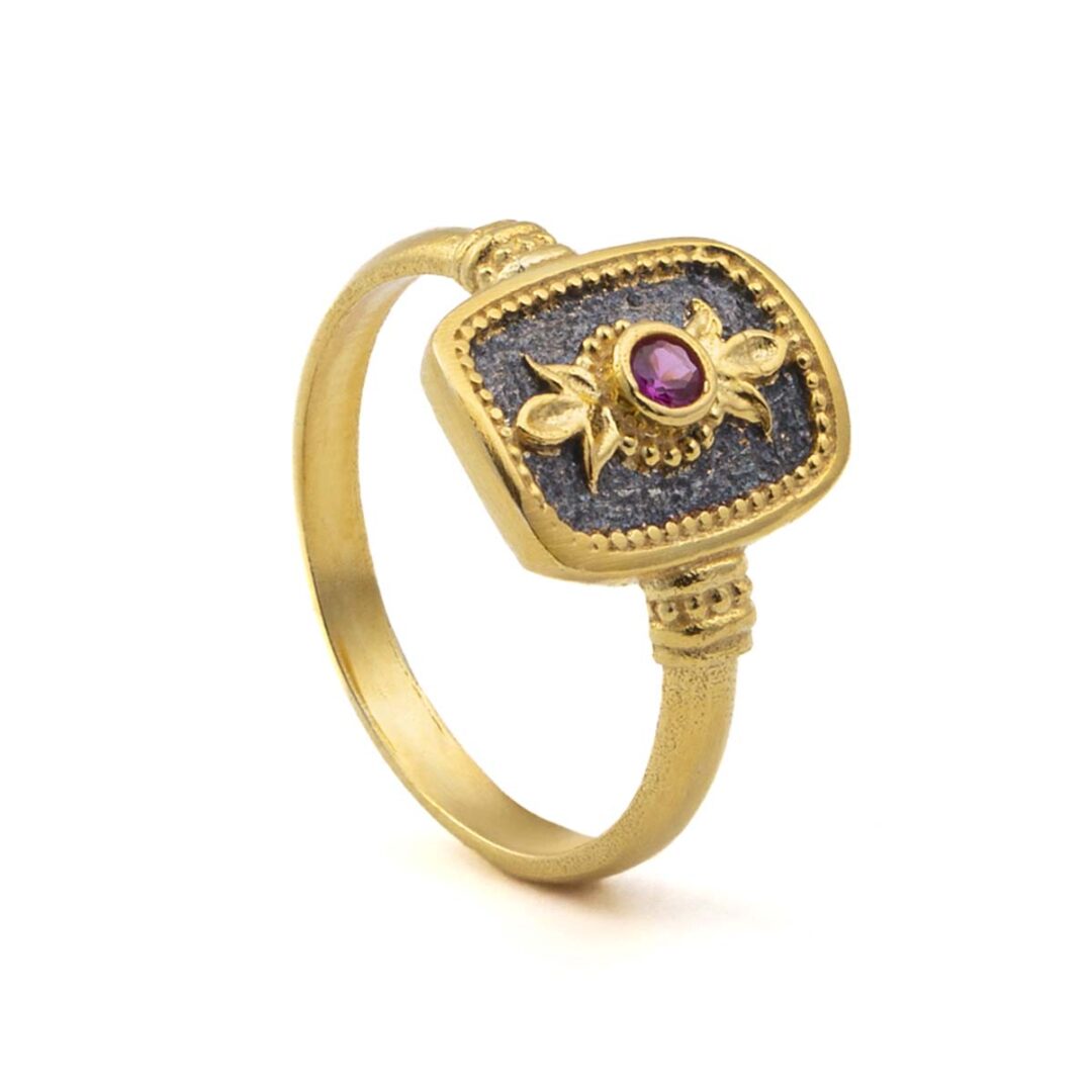 Byzantine Square Ring with Red Zircon - Sterling Silver and 18K Gold Plating