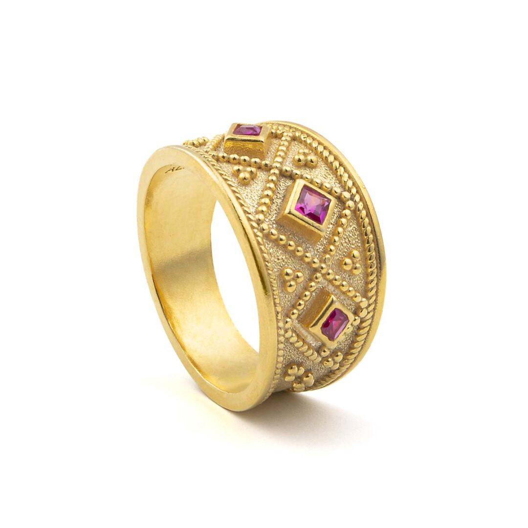 Byzantine Ring with Red Zircon Stones - Sterling Silver and 18K Gold Plating