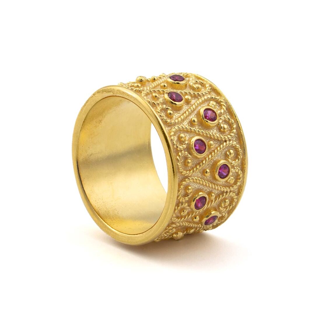 Large Byzantine Ring with Zircons - Sterling Silver and 18K Gold Plating