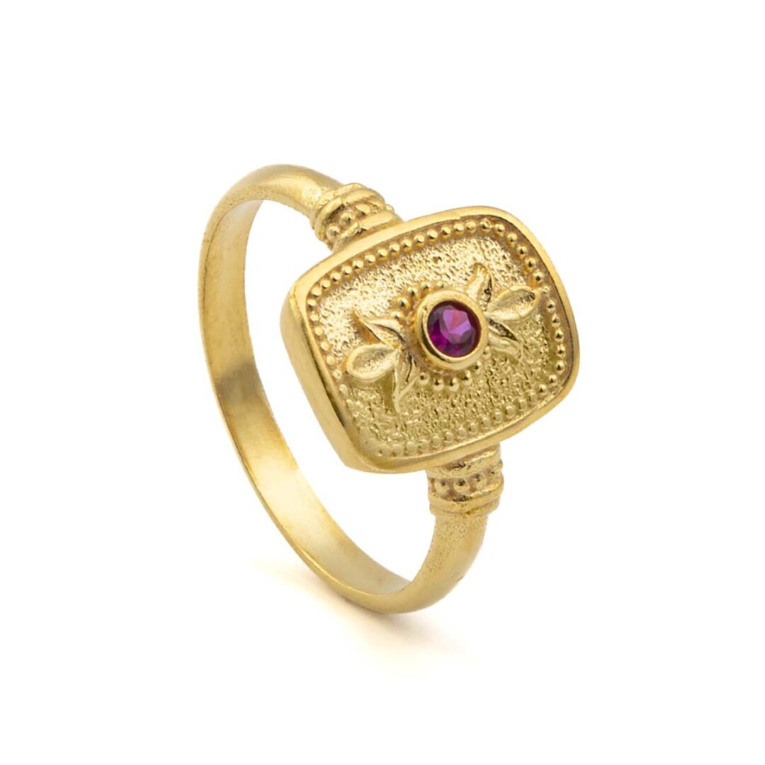 Byzantine Square Ring with Zircon - Sterling Silver and 18K Gold Plating