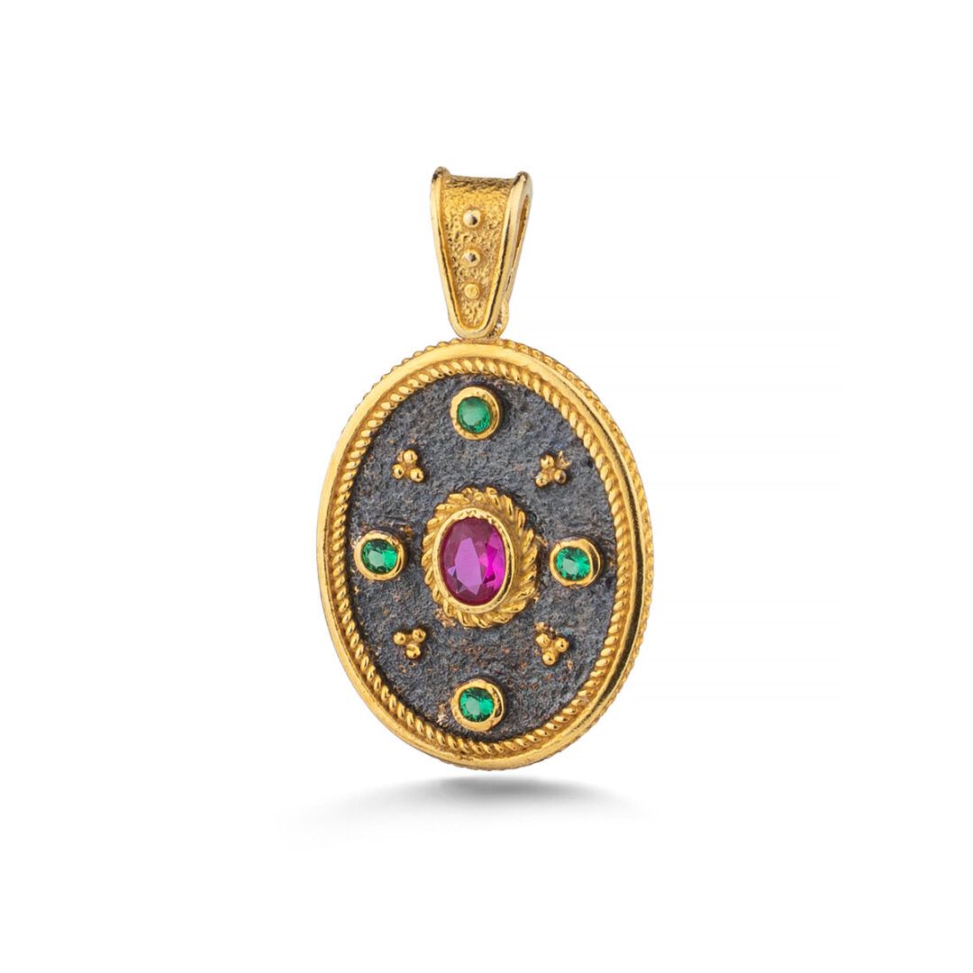 Oval Byzantine Zircon Pendant in 925 Sterling Silver Gold Plated