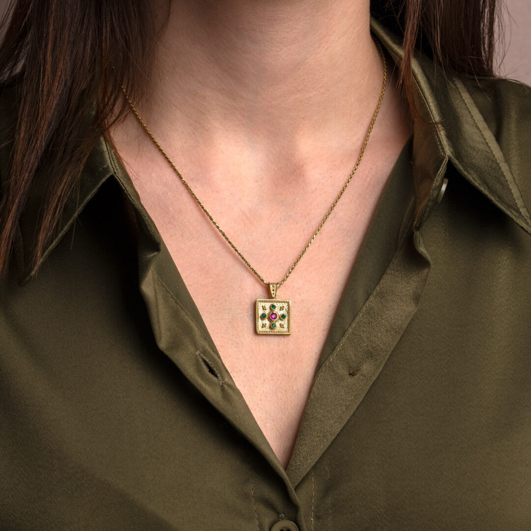 Square Byzantine Zircon Pendant in 925 Sterling Silver Gold Plated