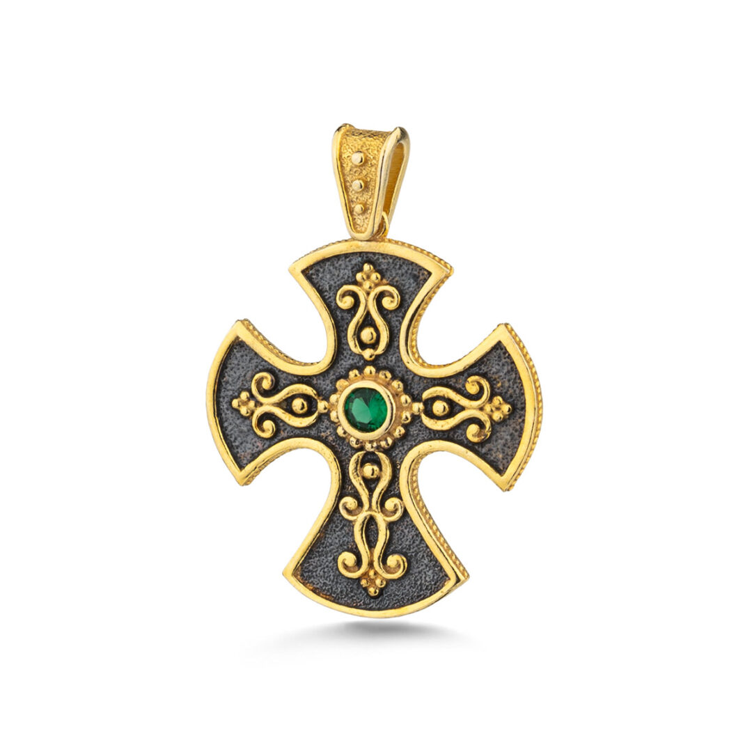 Byzantine Zircon Cross Pendant in 925 Oxidized Sterling Silver Gold Plated