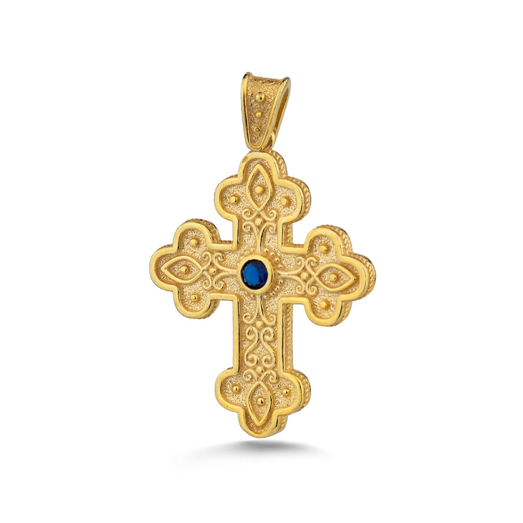 Byzantine Blue Zircon Cross Pendant in 925 Sterling Silver Gold Plated